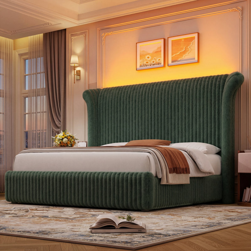 Upholstered Bed Frame With 55" Tall Headboard, Soft Corduroy Fabric Platform Bed, Noise-free, No Box Spring Needed, King
