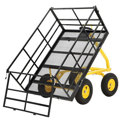 Chariot de jardin en acier robuste 1500 lb - Chariot utilitaire de jardin - Côtés en filet amovibles et poignée pivotante à 180 ° - Remorque à benne extérieure - Cadre noir, jantes jaunes, guidons jaunes, roues de 13 pouces