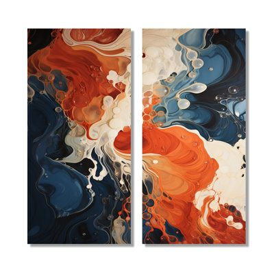 Encre liquide bleue et orange - impressions sur toile abstraites, art mural abstrait bleu, ensemble de 2
