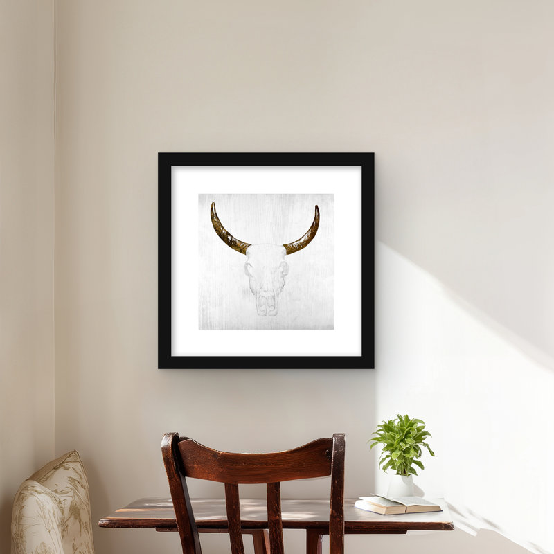 Tête de taureau avec cornes brunes - reproduction encadrée pour décor animalier, Noir