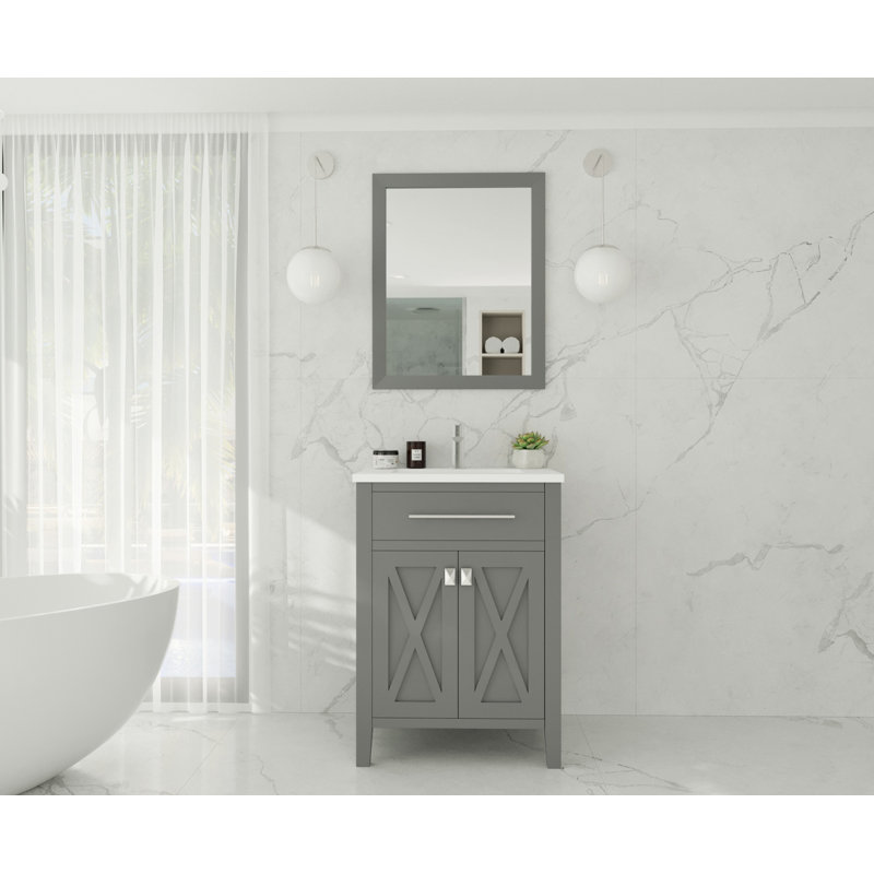 Vitiello 24'' Single Bathroom Vanity with Solid Surface Top, Gray, Matte White