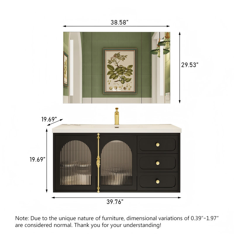 Meuble-lavabo mural moderne et minimaliste avec armoire en bois d'hévéa massif, lavabo en céramique intégré et armoire à miroir intelligent