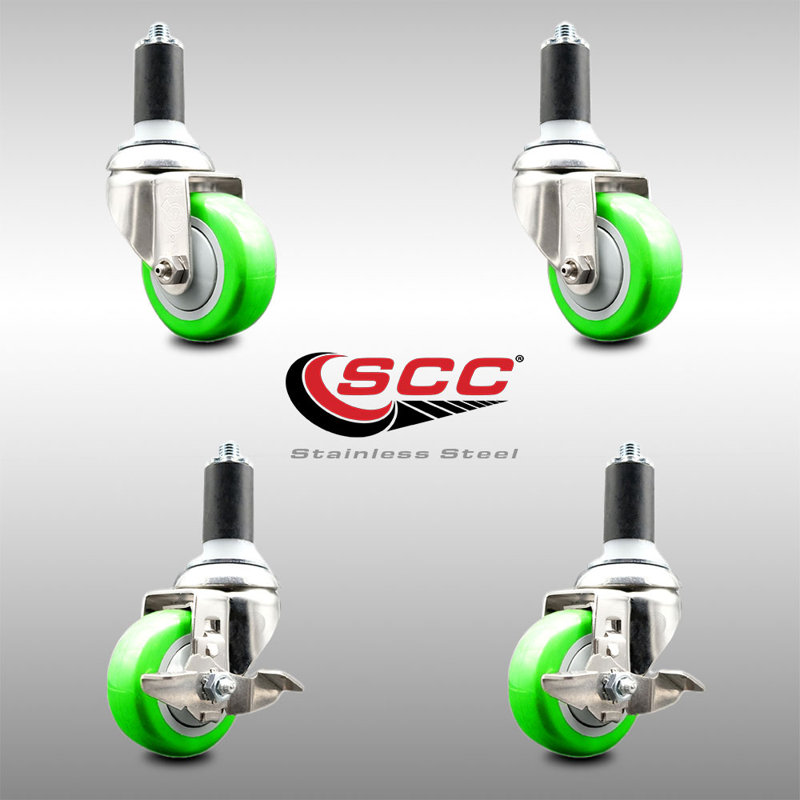 3.5 Inch 316SS Poly Swivel 1-3/8 Inch Expanding Stem Caster Set 2 Brake, Green