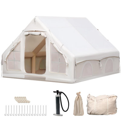 Inflatable Camping Tent with Skylight & Stove Jack, Windproof Oxford Fabric Blow Up Cabin Tent with Mesh Windows & Doors for 4-10 Person Family Outdoor Camping