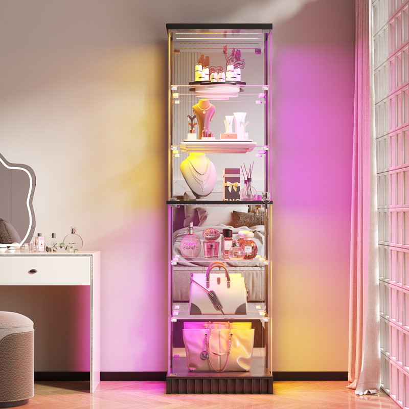Vitrine vitrée de 170 cm de haut avec éclairage à détecteur RVB, armoire de rangement verrouillable à 6 niveaux, Noir
