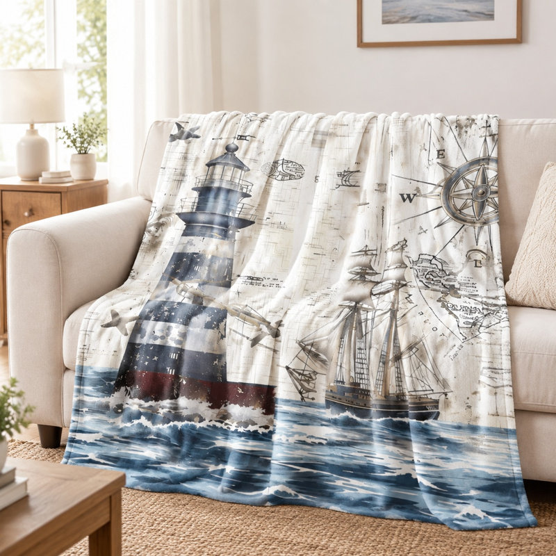 Plaid en flanelle à motif de phare et de carte marine - Léger, respirant, confortable en toutes saisons, doux pour la peau, lavable à la machine, décoratif, pour canapé, fauteuil, salon et chambre