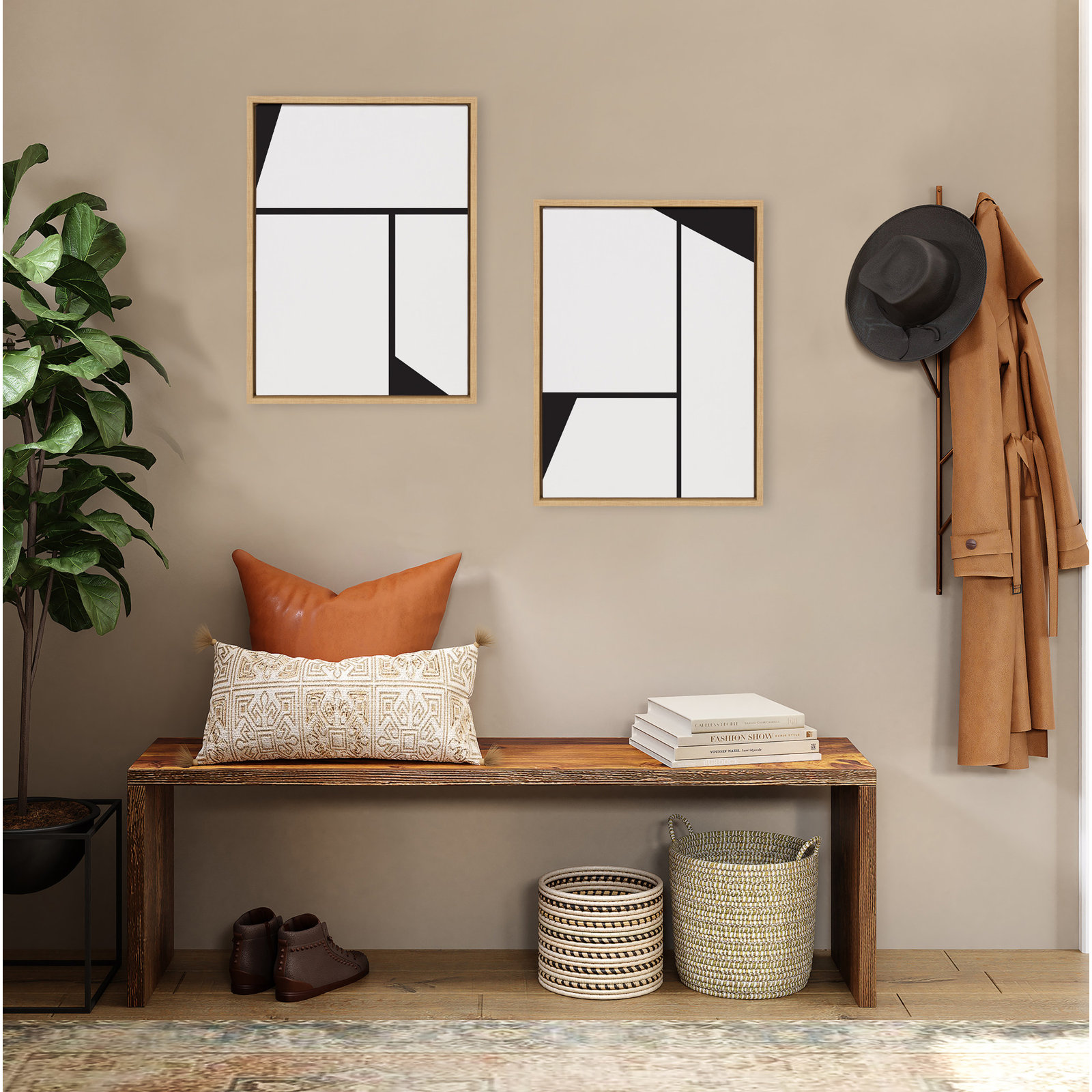 Bauhaus Sleek Abstract Painting, Natural Frame, 24" W x 18" H