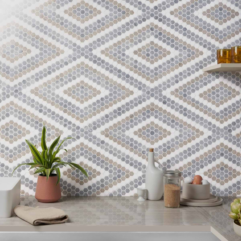 Juno 1" Diamond Hexagon Polished Marble Mosaic, Beige/Gray