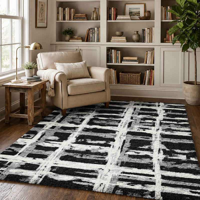 Washable Striped Indoor Rug, Black, 3' x 5'