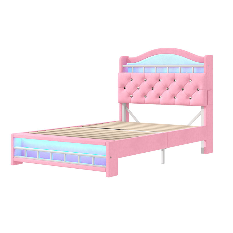 3ft Upholstered Velvet Bed With Usb, Led And Storage Headboard Beige, Pink
