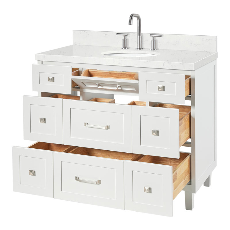 ARIEL Monrow 42" Solid Wood Single Sink Bathroom Vanity in White with 1.5" Carrara White Quartz Top, Center, Oval Sink, White