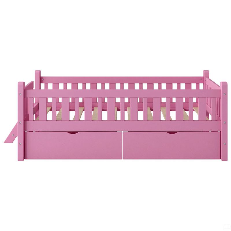 Wood Twin Size Platform Bed With Guardrail And 2 Drawers, Pink