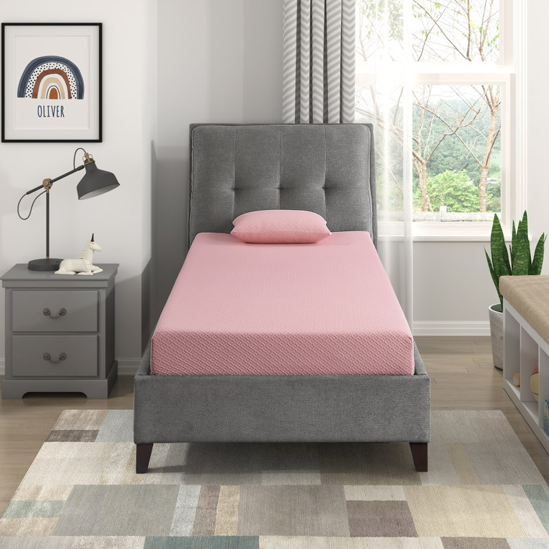 Ensemble de matelas et oreiller en mousse viscoélastique infusée de gel rose moderne et contemporain de 7 po Erway avecithèque gris anthracite et base de thé vert