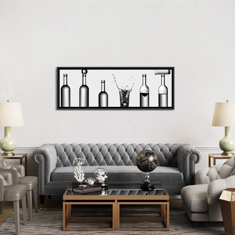" Bottles Game " by Valeriy Kasmasov, 12" H x 36" W x 1.5" D, Black Framed