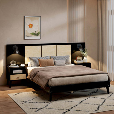 Queen Size Solid Wood Bed Frame With 2 Nightstands, Elegant Design With Lamps, Rattan And Wood Combination by Corrigan Studio