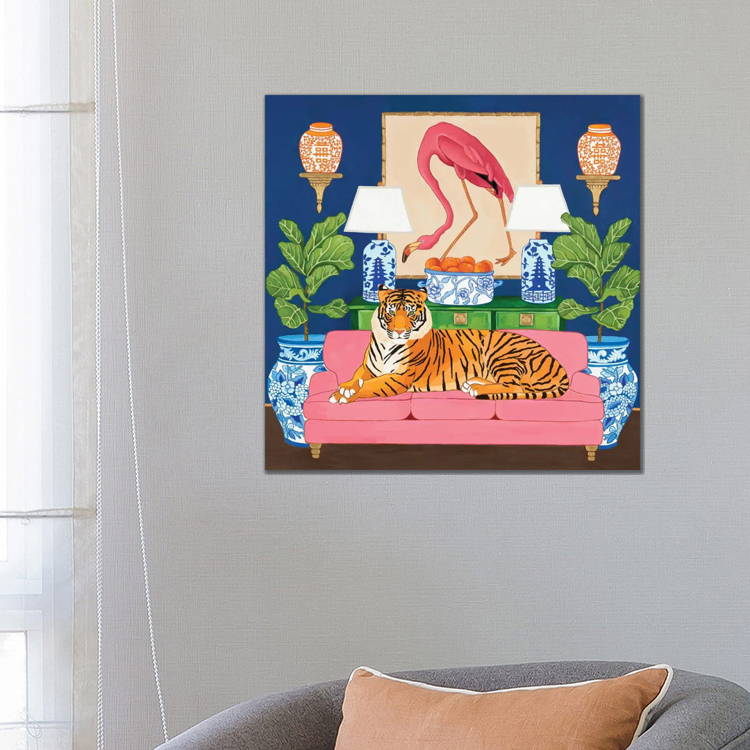 Chinoiserie-Tiger im Wohnzimmer mit Flamingo-Ingwer-Glas und Geigenblatt-Feige