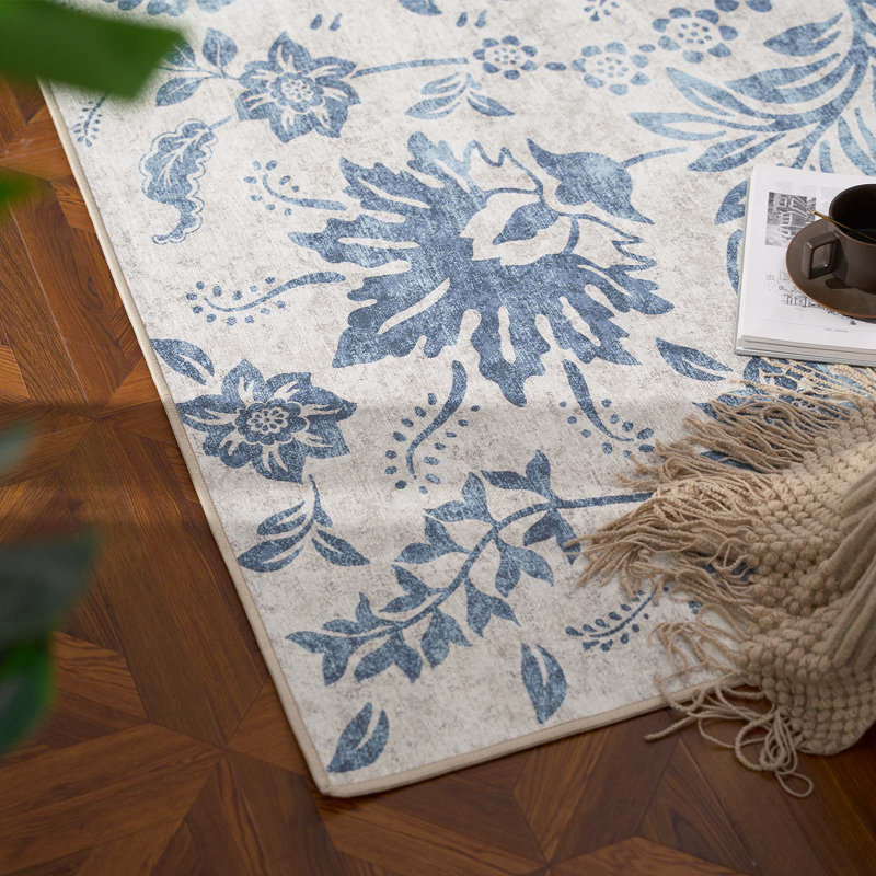 Tapis géométrique lavable antidérapant à motif géométrique, Bleu foncé intemporel, 3'x 5'