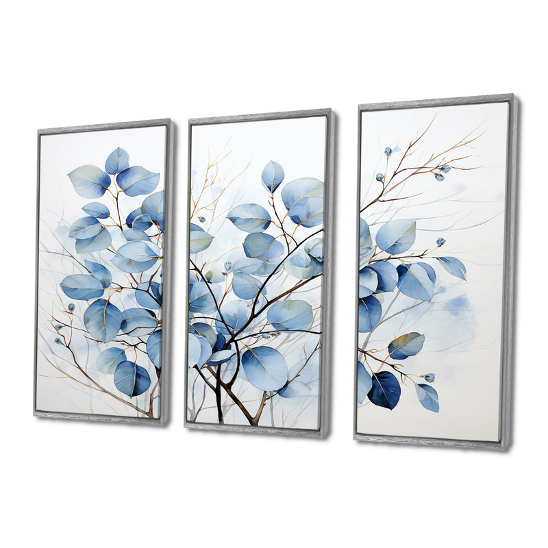 «Blue On», Leaves on Branch III - feuilles, ensemble d'art sur toile, H 32 po x l 48 po x P 1 po, Encadrement argenté