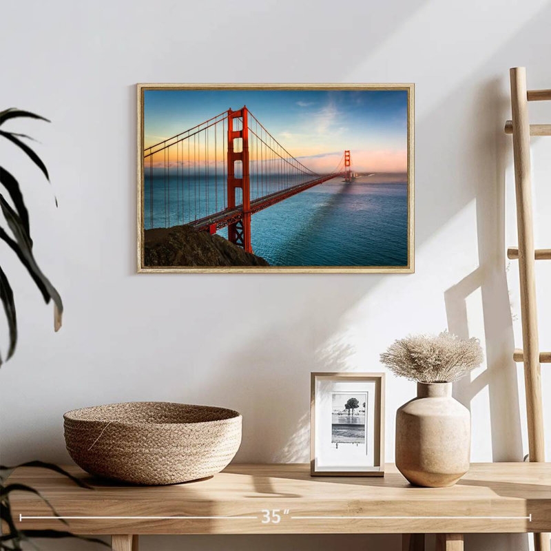 Golden Gate, lever de soleil sur l'océan, 19 po x 13 po, Cadre flottant en bois naturel