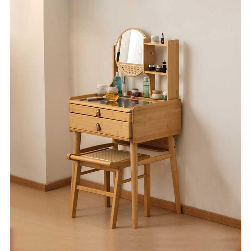 Ensemble de coiffeuse en bambou naturel avec miroir rond, tablettes ouvertes et tabouret assorti