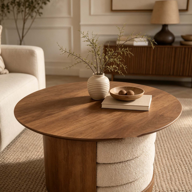 Table basse ronde en bois 31,5 "avec 3 tabourets gigognes en tissu Teddy, ensemble de table centrale multifonctionnel avec rangement caché Farmhouse