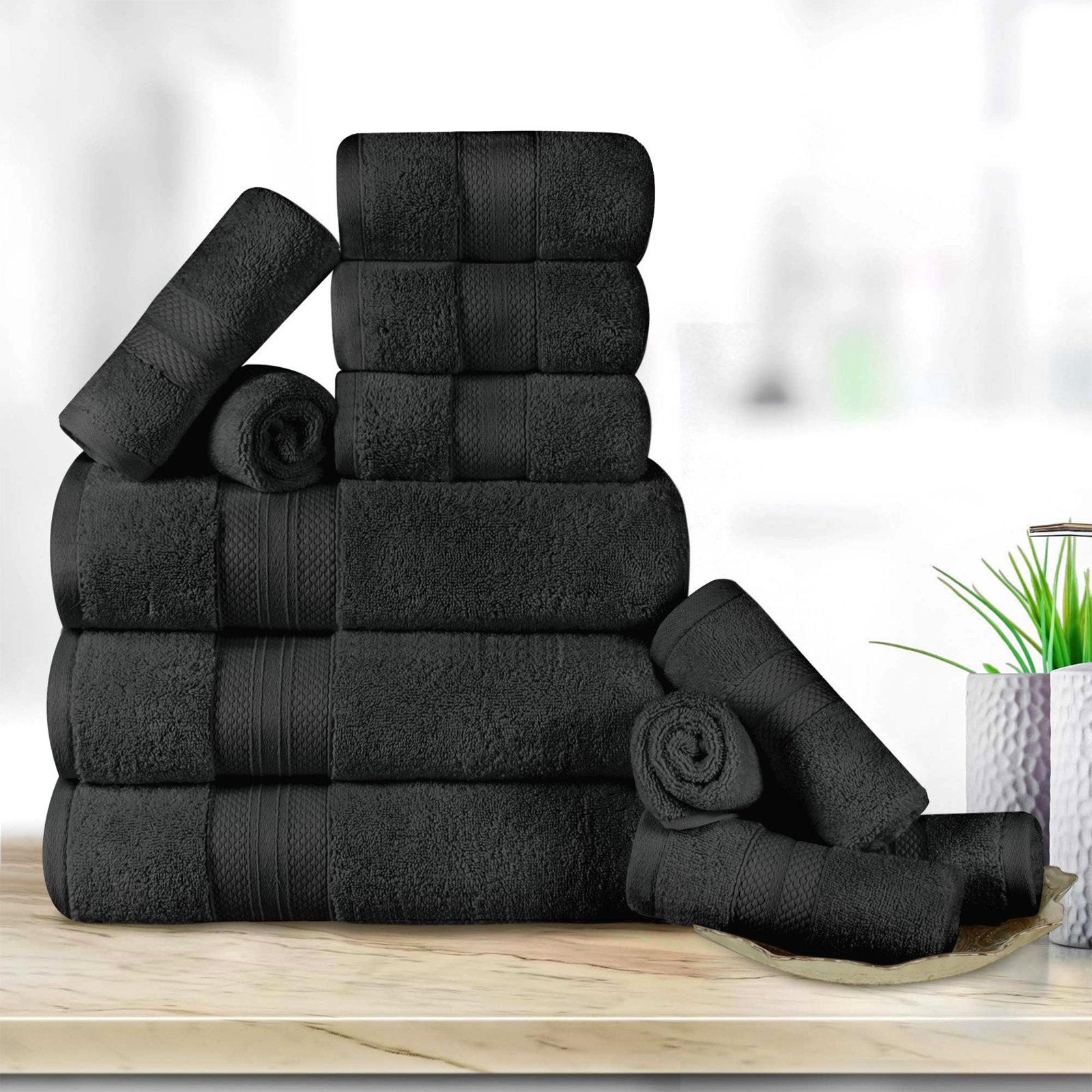 Finnian Ultra-Plush Heavyweight, 100% Turkish Towel Collection, Black, 12 Piece Towel Set