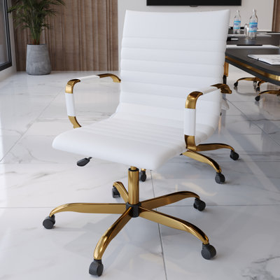 Sorrells Leather Office Conference Chair with Gold Steel Frame – Swivel Task Desk Chair with Adjustable Height, Tilt, and Casters