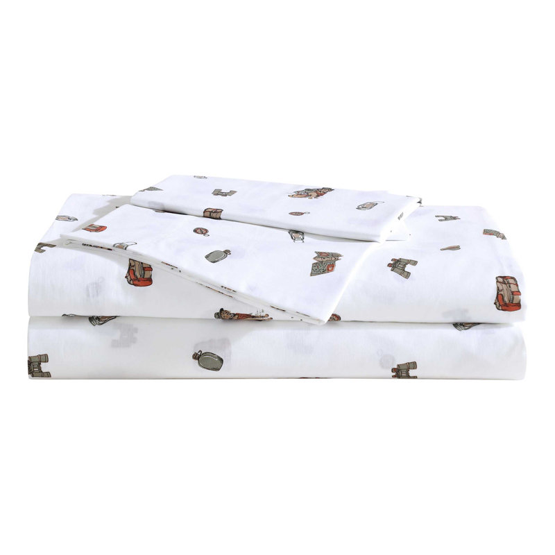 Shasta Lake Cotton Percale Standard Sheet Set, Full Sheet Set with 2 Pillowcases, Buddy Camping Allover White
