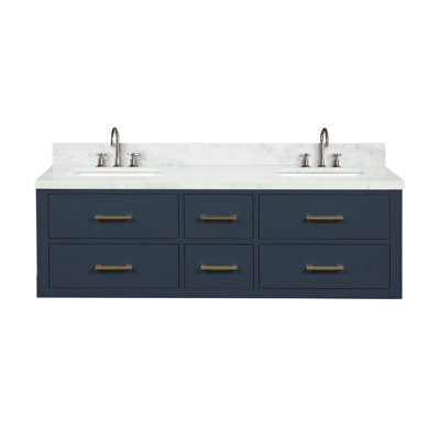 Meuble-lavabo double 60 po bleu X P 22 po D, dessus en marbre de Carrare et ensemble de robinet