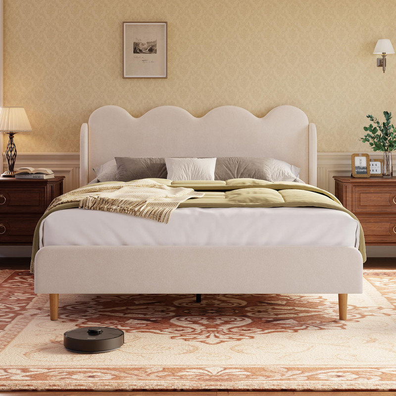 Full Upholstered Wingback Bed Frame with Scalloped Edges, Tufted Headboard, No Box Spring Needed, Tool-Free Assembly, Beige
