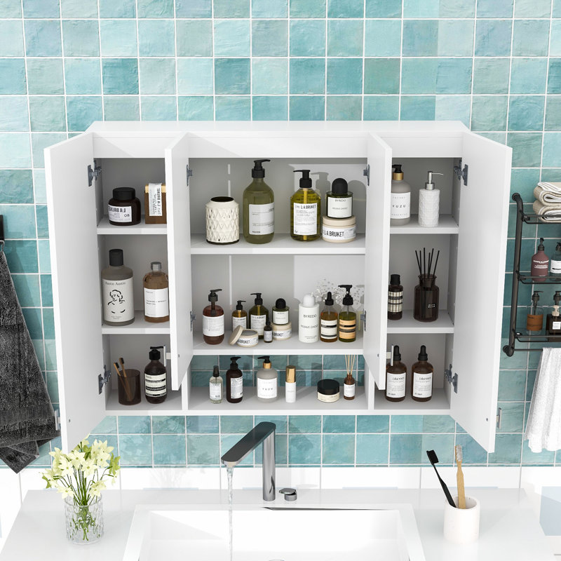 Armoire de salle de bain murale avec tablettes réglables, rangement ouvert et portes à fermeture douce, White