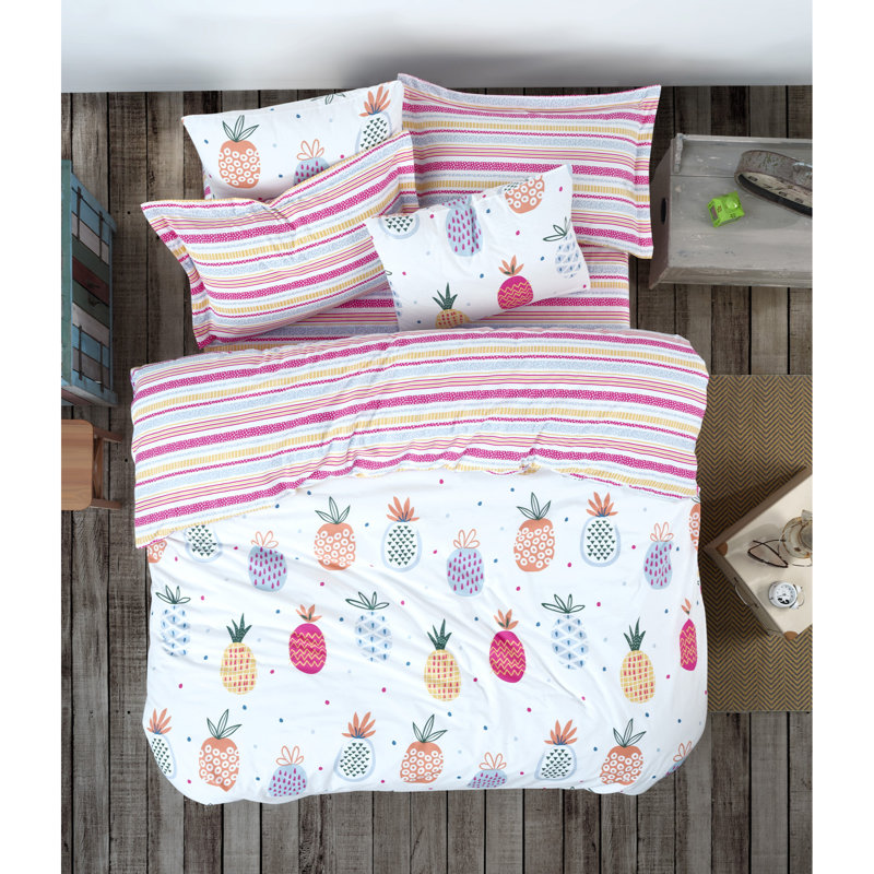 Ensemble de housse de couette 100% coton Blix blanc / rose / jaune, Housse de couette double + 2 taies d'oreiller 24 p