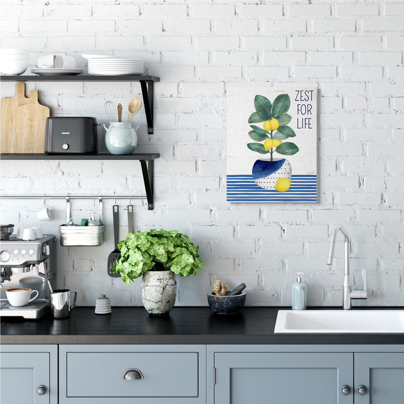 Zest for Life Lemon Plant Blue Stripes par Jennifer Pugh - impression, H 20 po x l 16 po, Toile tendue