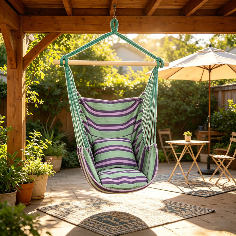 Chaise suspendue à rayures vertes en coton 130x100cm avec 2 coussins