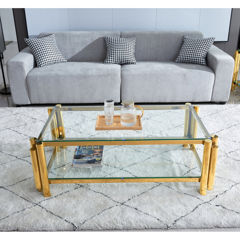 Table basse rectangulaire moderne en acier inoxydable de 47 po de largeur, table basse en verre trempé transparent à deux couches, table centrale avec rangement, pour le bureau à domicile, assemblage facile, or