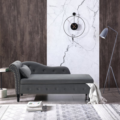 Comfy Grey Velvet Chaise Lounge With Spacious Storage Option 2 Seat And Lumbar Support Pillow