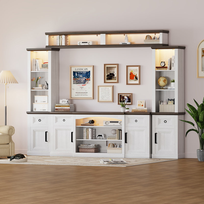 Farmhouse 4-piece Entertainment Wall Unit With Tv Stand, Bookshelf & 77" Floating Cabinet, Adjustable Shelves, European-style Doors, And Motion-sensing Led Lights — Fits Tvs Up To 75" For Modern Living Rooms