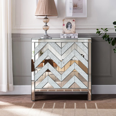 & Glass Storage Cabinet With Mirror Trim - M Shape, Silver For Living Room, Dining Entryway, Kitchen Construction Trimmed Shape For Dining,