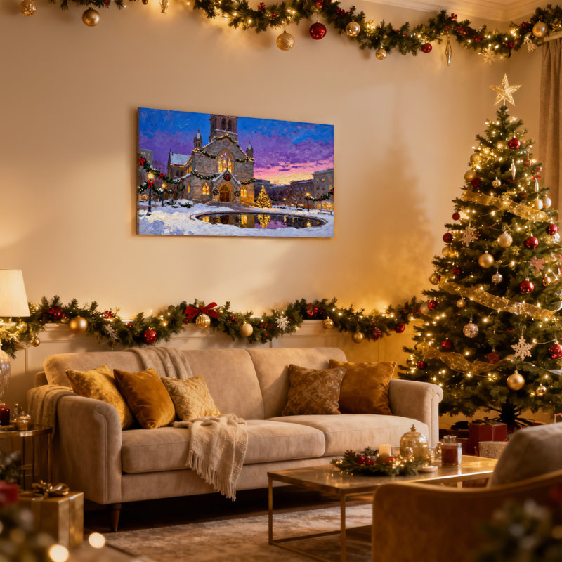 «Christmas Christmas Church Snowy Evening Reflections Lights Decorations», ensemble de 3 impressions sur toile