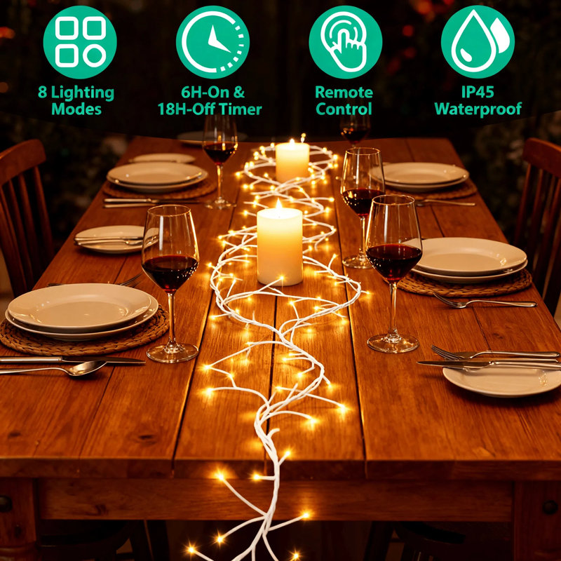 Guirlande illuminée en bouleau de 7,87 pi 144 DEL, 8 modes d'éclairage avec télécommande et minuterie 6H, lumières blanches chaudes imperméables IP45 pour la décoration de Noël