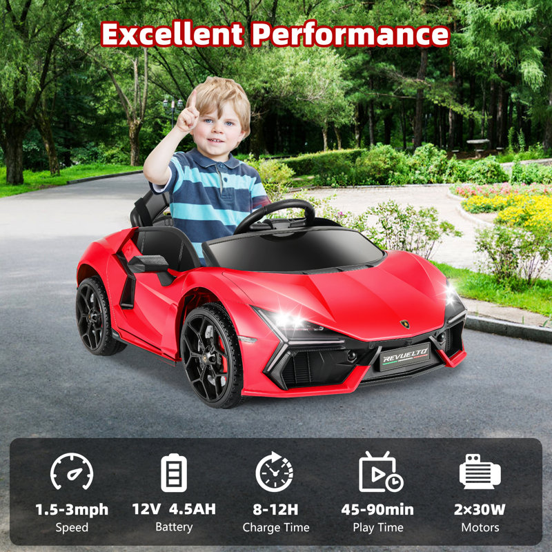 12V Licensed Lamborghini Ride On Car With Led Lights, Remote Control & Scissor Doors, Red