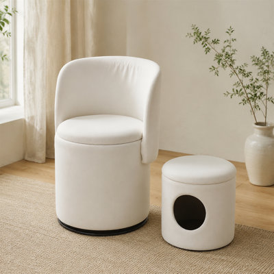 Barrel-shaped Chair, 360° Rotatable, Vanity Stool with Storage, Upholstered Decorative Seat, Includes Cat Bed Stool, Modern Minimalist Style, White Velvet
