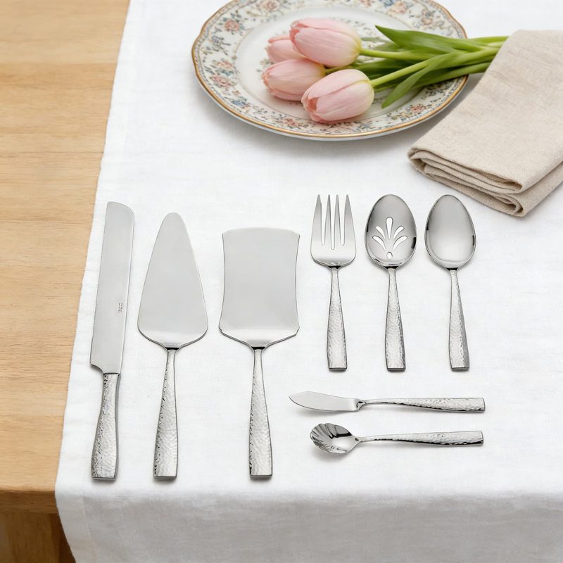 Hammered 18/10 Stainless Steel Serving Utensil Set, 8-Piece Hostess Set With Cake Knife, Server, Lasagna Pie Server, Serving Spoon, Fork, Dishwasher Safe