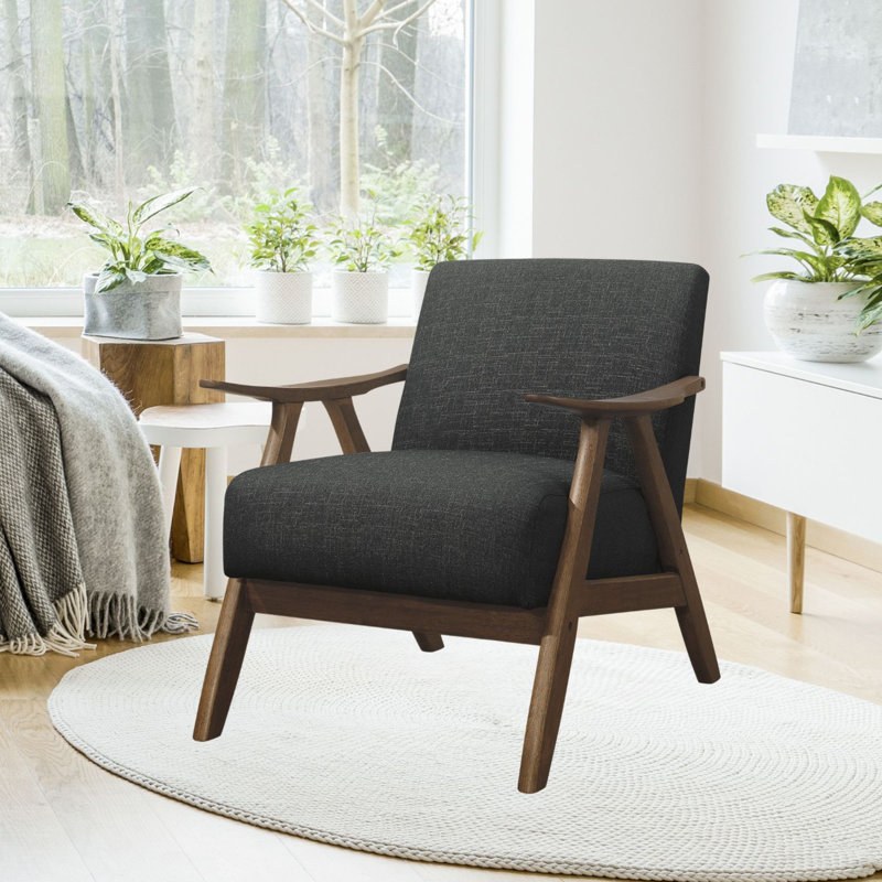 Ayzlee Upholstered Armchair, Fabric Accent Chair with Cushion Back, Retro Cushion Armchair with Solid Wood Arms and Legs for Living Room Home Office