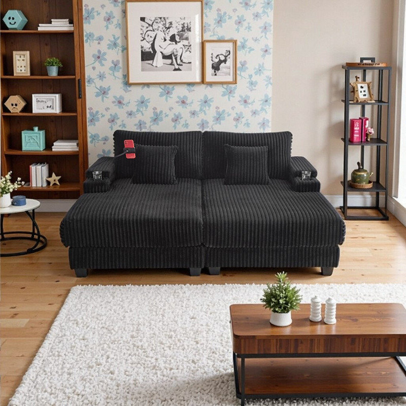 Canapé-lit 75,5 po avec compartiments de rangement à dossier réglable Porte-gobelets et porte-téléphone, Black