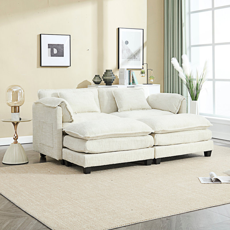 Zuri Upholstered 2-Seater Sectional Sofa with Ottomans, Beige Chenille