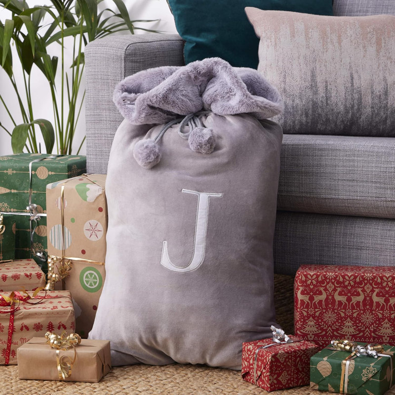 Luxury Christmas Sack with Monogrammed Letter J, Light Grey