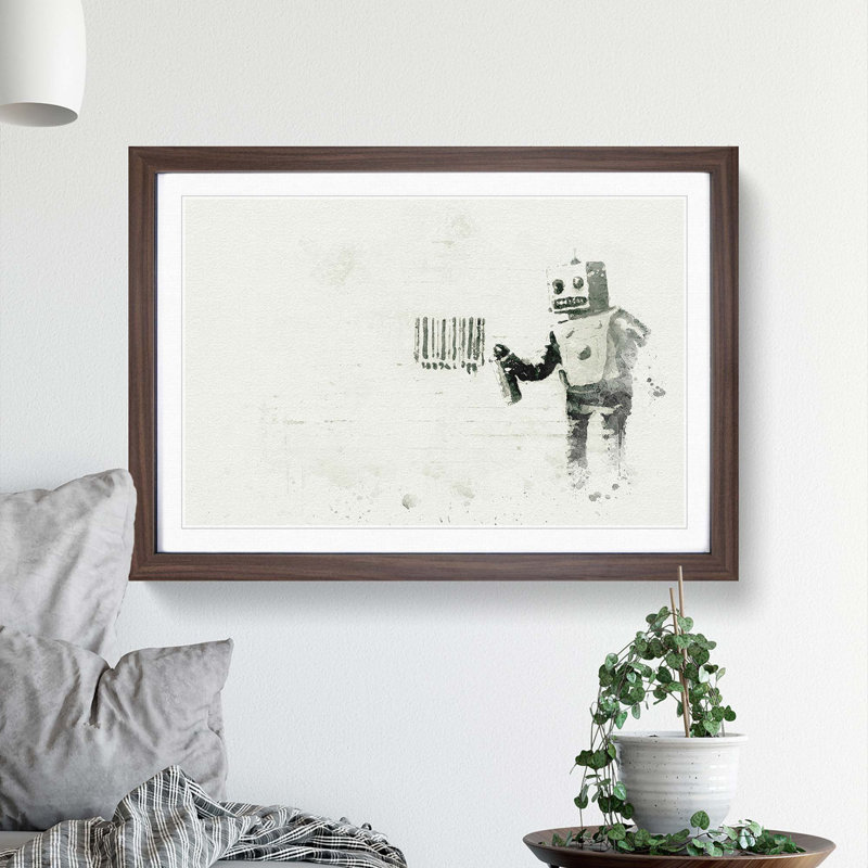 Robot Barcode by Banksy - Picture Frame Graphic Art Print, Walnut, 60cm H x 91cm W x 2cm D