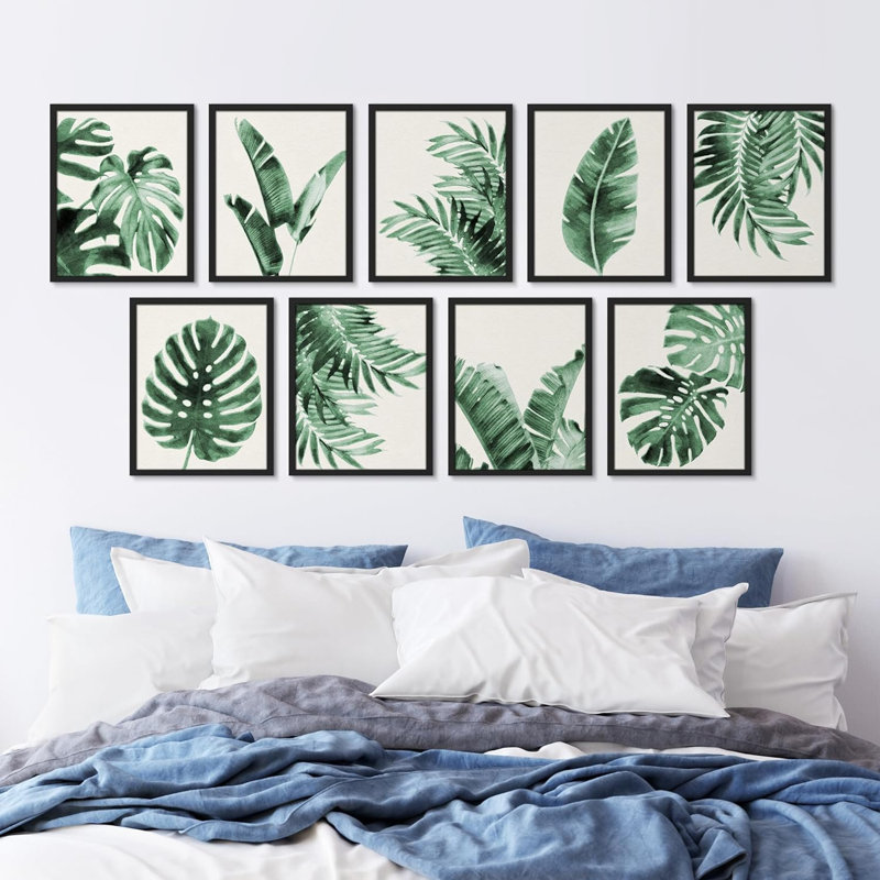 Vert, pastel, plante tropicale, variété, nature, désert, feuilles de Monstera, L 11 po x H 14 po, Cadre blanc