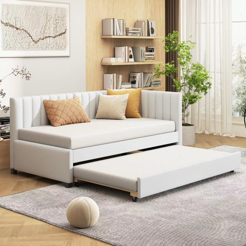 Lit de jour d'angle rembourré avec couchette, Beige, Lit simple